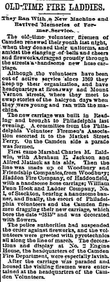 Philadelphia Inquirer, July 2, 1893 — Old-Time Fire Laddies: Abraham E. Jackson, Abraham Matlack, Charles M. Baldwin, William Penn Hook and Ladder Company No. 1, Engine Company 2