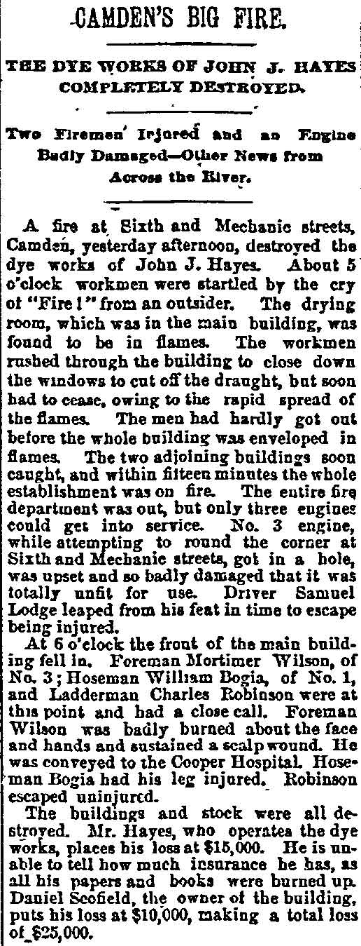 Camden's Big Fire — dye works of John J. Hayes, Philadelphia Inquirer, July 30, 1890