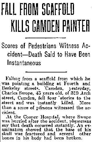 Philadelphia Inquirer, March 19, 1916 — Fall From Scaffold Kills Camden Painter