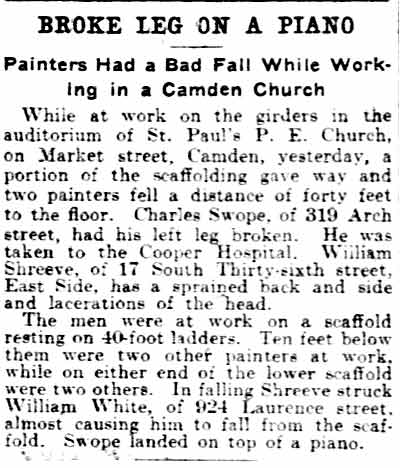Philadelphia Inquirer, July 31, 1904 — Broke Leg on a Piano