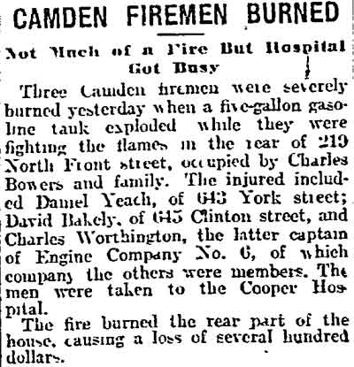 Philadelphia Inquirer, March 13, 1912 — Camden firemen burned