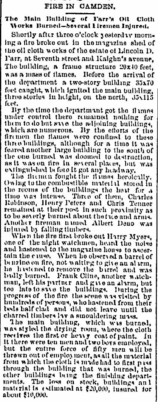 Philadelphia Inquirer article: Fire in Camden, August 8, 1884