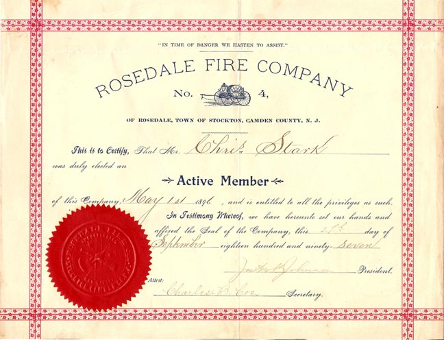 Rosedale Fire Company No. 4 Membership Certificate for Christian S. Stark Sr.