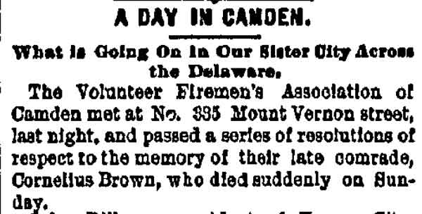 Philadelphia Inquirer, February 20, 1887 — A Day in Camden, including tribute to Cornelius Brown