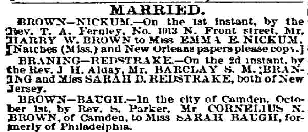 Philadelphia Inquirer, October 6, 1865 — Married notices including Cornelius Brown and Sarah Baugh