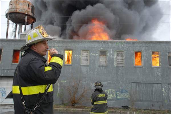 Camden Deputy Fire Chief David Yates commands at the Haddon Bindery fire, April 7, 2008
