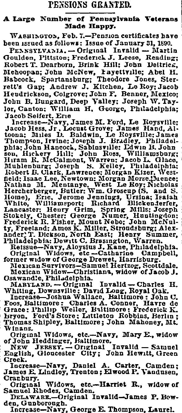 Philadelphia Inquirer, February 8, 1890 — Daniel A. Carter pension increase