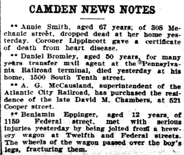 Philadelphia Inquirer, September 2, 1904 — Camden News Notes including death notice for Daniel Bromley