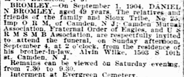 Philadelphia Inquirer, September 2, 1904 — funeral notice for Daniel Bromley
