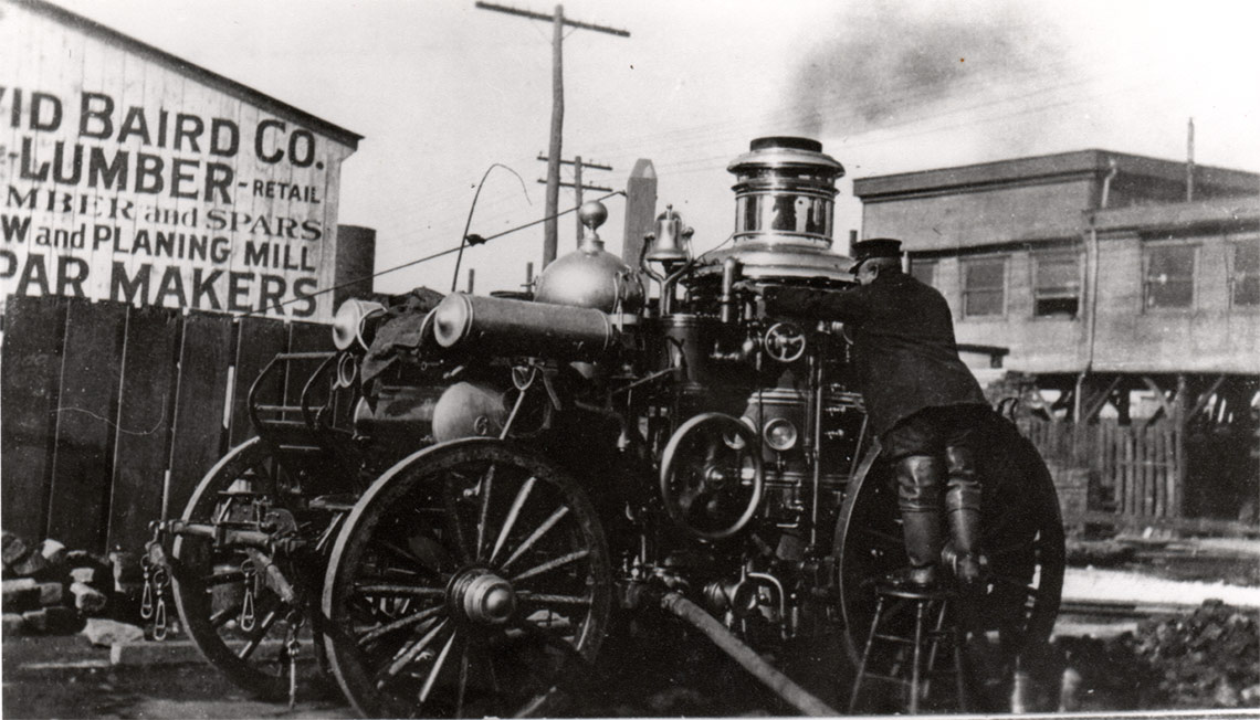 Engine Company 6 at David Baird Co. lumber yard, circa 1907