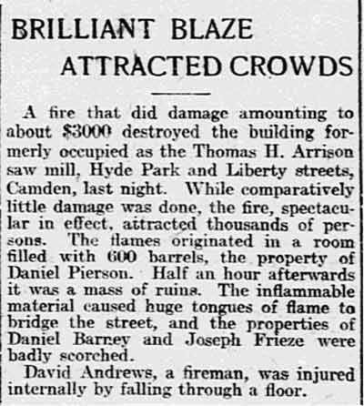 Philadelphia Inquirer, December 2, 1902 — Brilliant Blaze Attracted Crowds, David Andrews injured fighting fire
