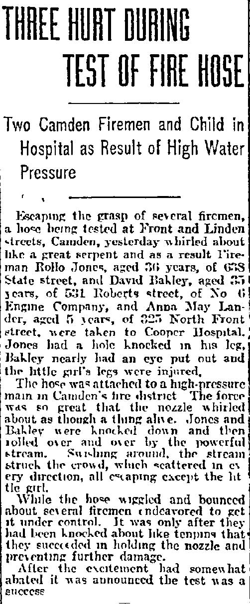 Philadelphia Inquirer, May 16, 1915 — Three Hurt During Test of Fire Hose