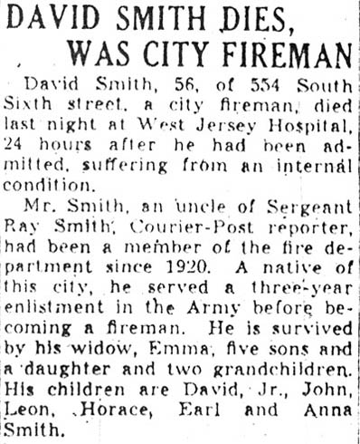 Camden Courier-Post, March 8, 1941 — David Smith Dies, Was City Fireman