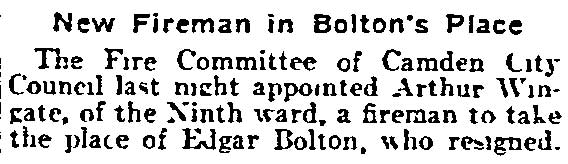 Philadelphia Inquirer February 20, 1906 — New Fireman in Bolton's Place — Arthur Wingate appointed