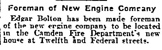 Philadelphia Inquirer, May 20, 1905 — Edgar Boulton named captain of Engine Company 5
