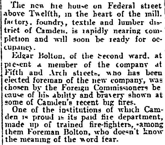 Brave Fire-Fighter Heads New Company — article text, Philadelphia Inquirer May 22, 1905