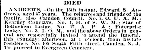Death notice for Edward S. Andrews, Philadelphia Inquirer, January 19, 1890