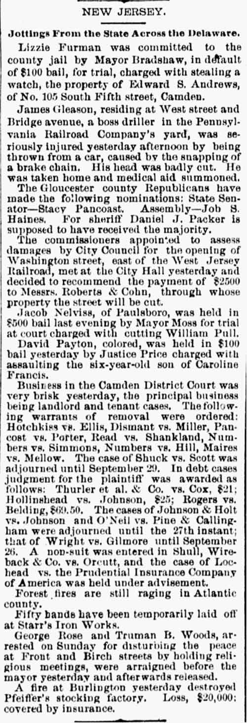 Philadelphia Inquirer, September 23, 1884 — New Jersey jottings