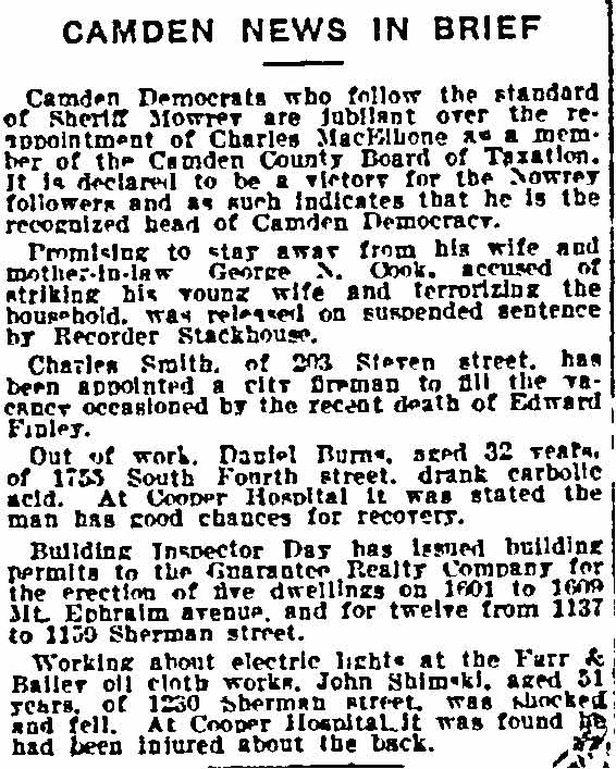 Camden News in Brief, Philadelphia Inquirer, March 26, 1914