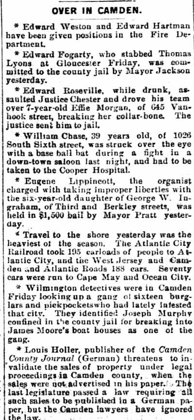 Over in Camden, Philadelphia Inquirer, August 9, 1891