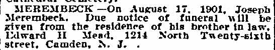 Philadelphia Inquirer death notice for Joseph Merembeck, August 19, 1901