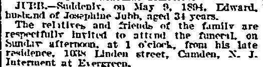 Edward Jubb obituary notice, Philadelphia Inquirer, May 10, 1894