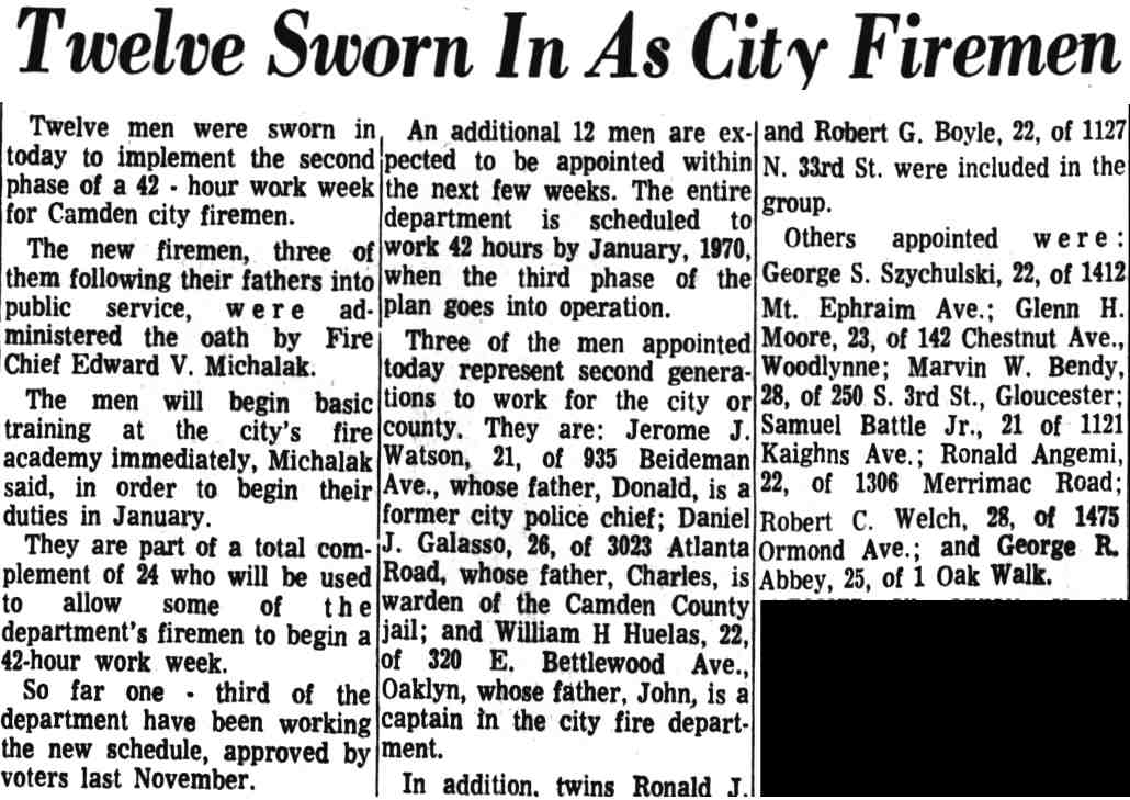 Camden fire department civil service exam graduates, November 8, 1968