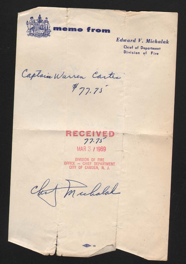 Memo from Chief Edward V. Michalak, Division of Fire, received March 5, 1969, Captain Warren Carter $77.75