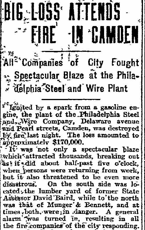 Big Loss Attends Fire in Camden, Philadelphia Inquirer, April 5, 1912