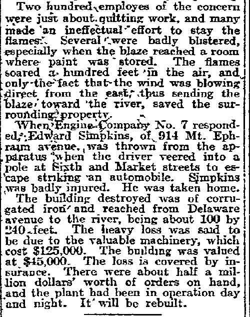 Big Loss Attends Fire in Camden, article continuation, Philadelphia Inquirer, April 5, 1912