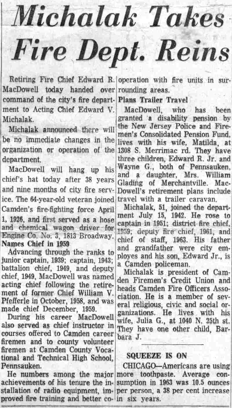 Michalak Takes Fire Dept. Reins - Courier-Post December 31 1964