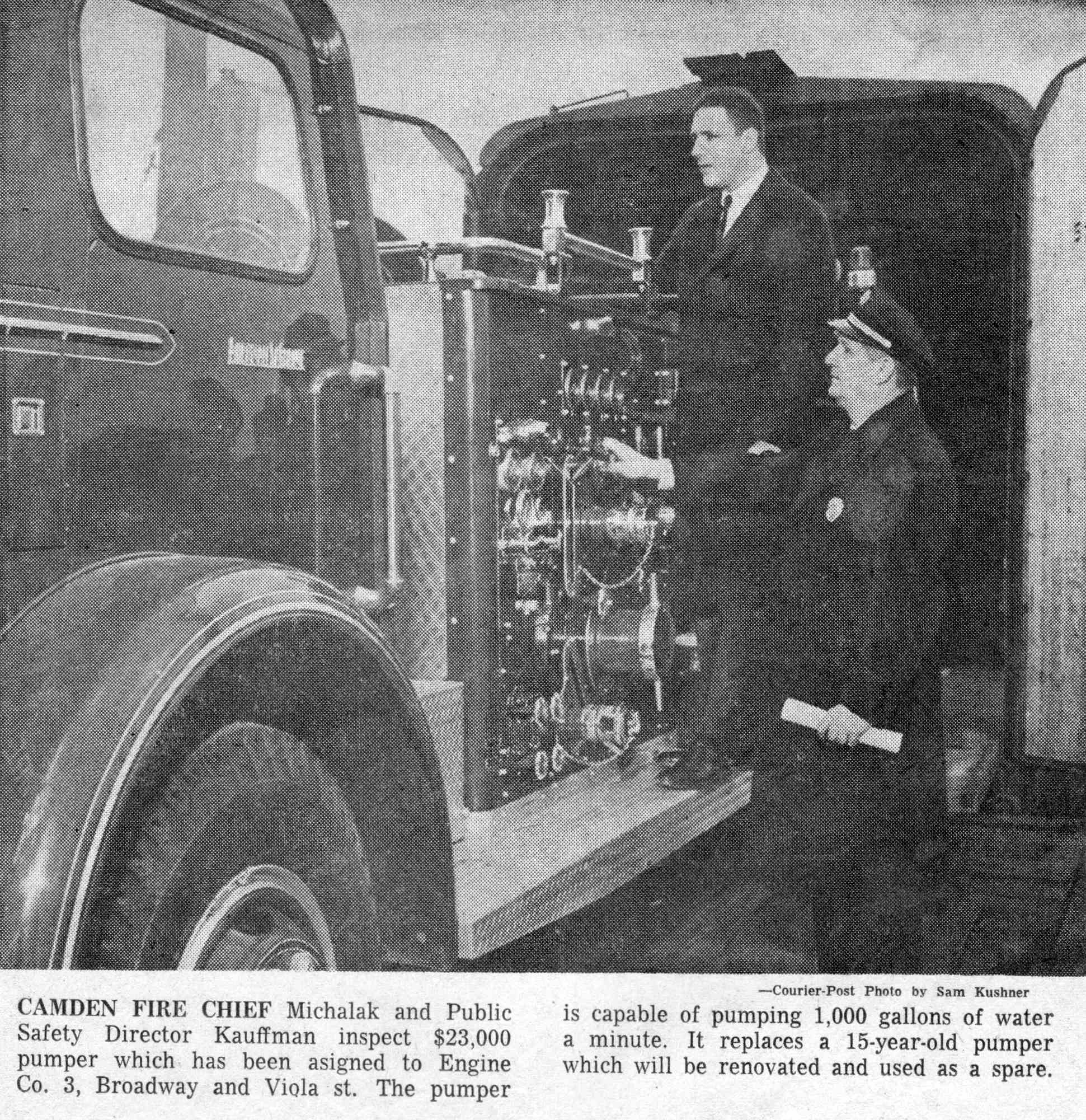 Camden Fire Chief Michalak and Public Safety Director Kauffman inspect new Engine Company 3 pumper, 1965