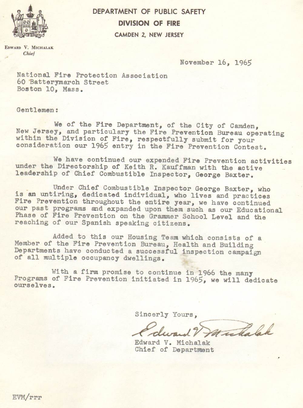 Letter from Chief Edward V. Michalak to National Fire Protection Association, November 16 1965