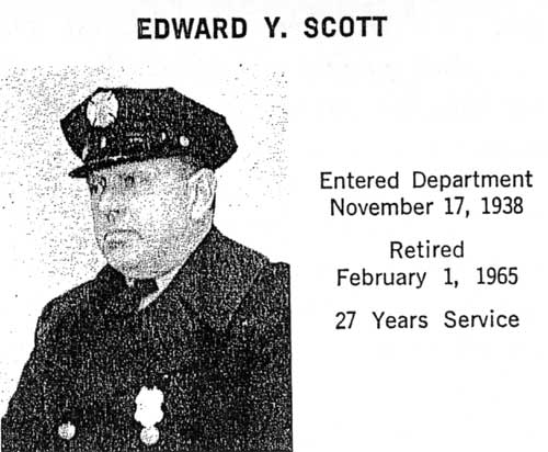 Edward Y. Scott retirement portrait card — Entered Department November 17, 1938 — Retired February 1, 1965 — 27 Years Service
