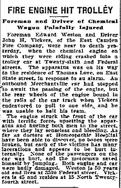 Philadelphia Inquirer, December 12, 1908 — Fire Engine Hit Trolley