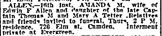 Philadelphia Inquirer death notice for Amanda M. Allen, wife of Edwin F. Allen, June 19, 1913