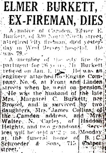 Camden Courier-Post obituary, March 16, 1945: ELMER BURKETT, EX-FIREMAN, DIES