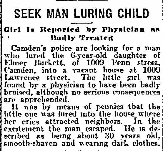 Philadelphia Inquirer article about a man luring Elmer Burkett's daughter into a vacant house at 1009 Lawrence Street, June 1, 1913