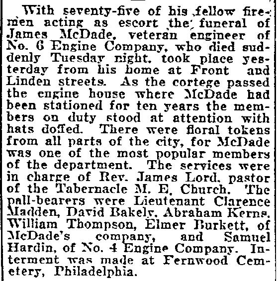 Philadelphia Inquirer July 11, 1922 — Funeral of James McDade, Engine Company 6