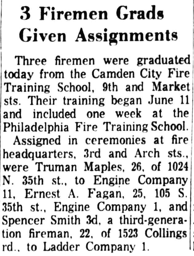 Camden Courier-Post July 10, 1964 - 3 Firemen Grads Given Assignments