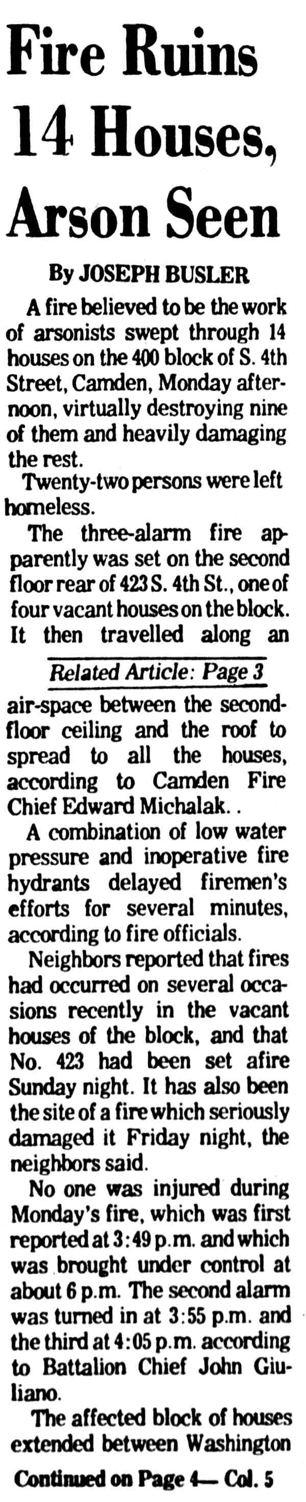 Camden Courier-Post, June 18, 1974 — Fire Ruins 14 Houses, Arson Seen (article)