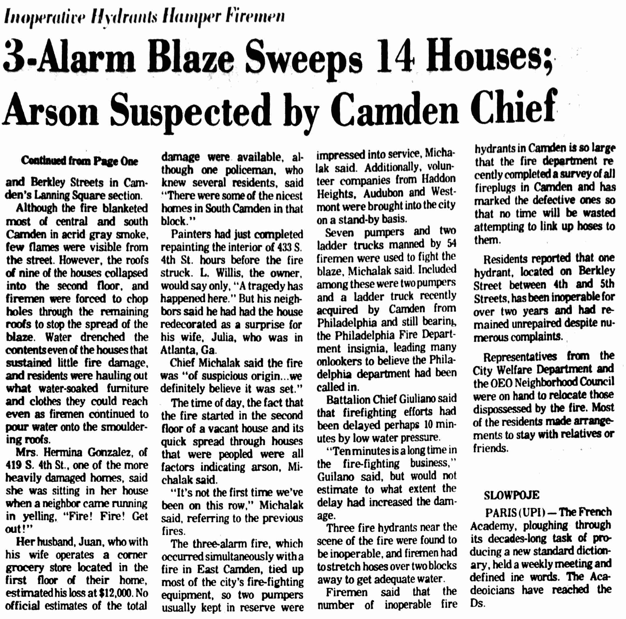 Camden Courier-Post, June 18, 1974 — Fire Ruins 14 Houses, Arson Seen (continued)