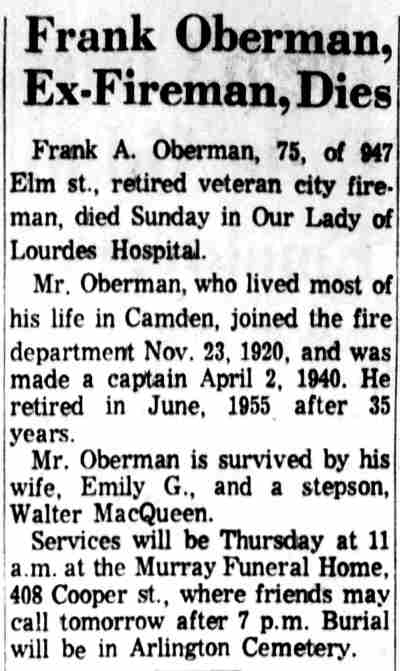 Obituary: Frank Oberman, Ex-Fireman, Dies, Camden Courier-Post, March 30, 1965