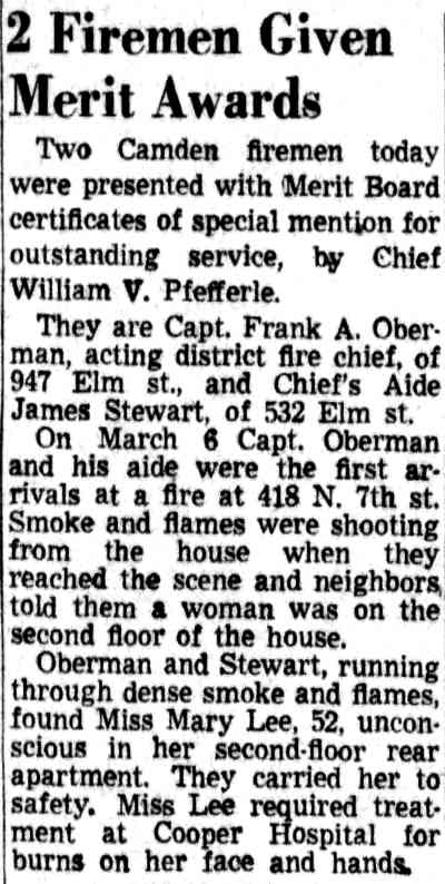 2 Firemen Given Merit Awards, Camden Courier-Post, April 3, 1953
