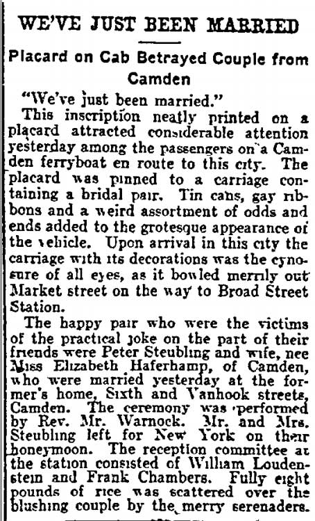 Philadelphia Inquirer, September 10, 1902 — Wedding of Peter Steubing and Elizabeth Haferhamp