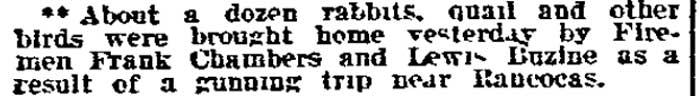 Philadelphia Inquirer, December 8, 1909 — Firemen Chambers and Buzine gunning trip