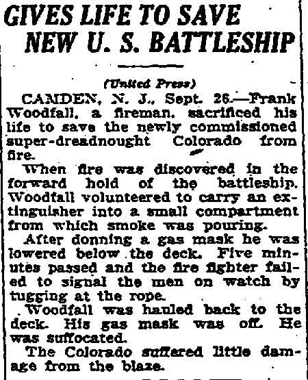 Gives Life to Save New U.S. Battleship, Trenton Evening Times, September 26, 1923
