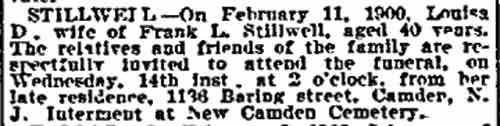 Philadelphia Inquirer death notice for Louisa D. Stillwell, wife of Frank L. Stillwell, February 12, 1900