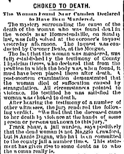 Philadelphia Inquirer, April 15, 1886 — Choked to Death inquest article