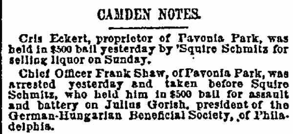 Philadelphia Inquirer, August 21, 1889 — Frank Shaw arrested at Pavonia Park